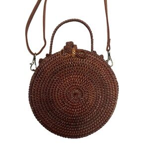 Vintage Brown Crossbody Woven Bag with Circular Design